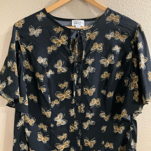 Unique Vintage Black gold butterfly print boho blouse tie front flutter sleeves - Picture 2 of 8